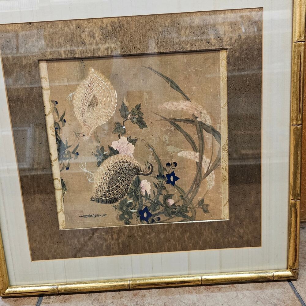 Tosa Mitsuoki Woodblock Print Quail & Flowers with Certificate of Authenticity